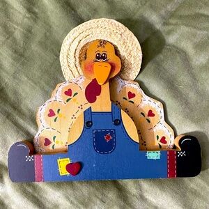 Kathy Iselin wooden shelf sitter hand painted turkey with straw hat OSP